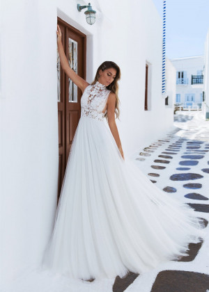 High Neck Ivory Lace Tulle Wedding Dress With Big Bow